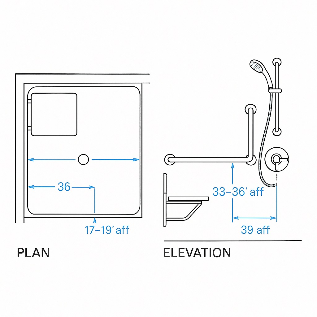 Plan and elevation of an ADA compliant shower showing valve, seat, and grab bars coordinated on the drawing set